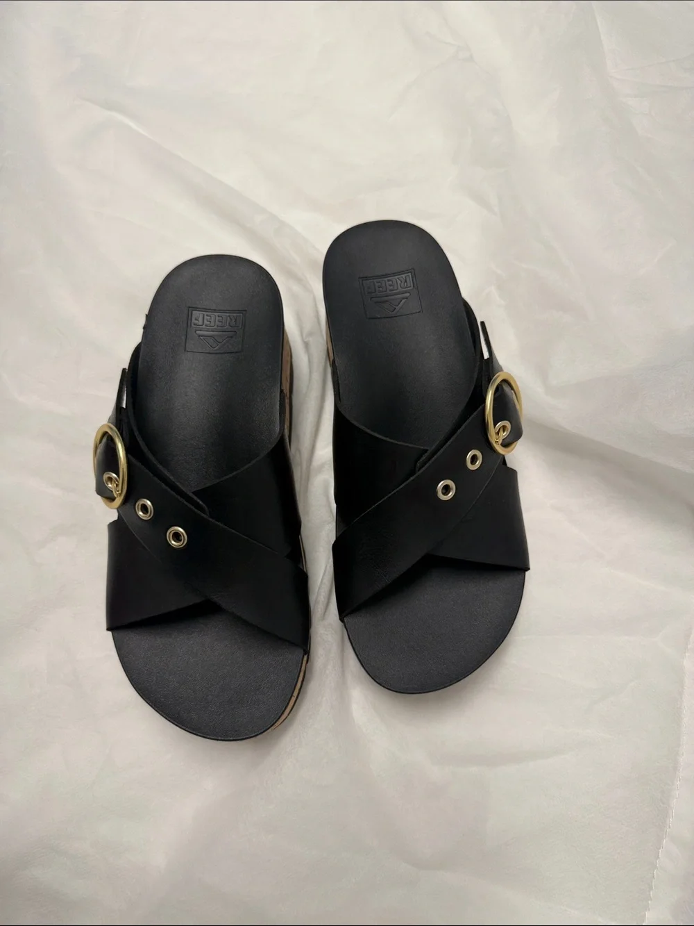 Reef Vista higher Gia Black Cork Platform Slide with Gold Buckle NWOT